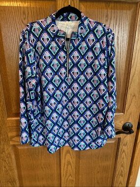 Lulu-B Patterned Navy Long-Sleeve Zip-Front Women's Top Size XL